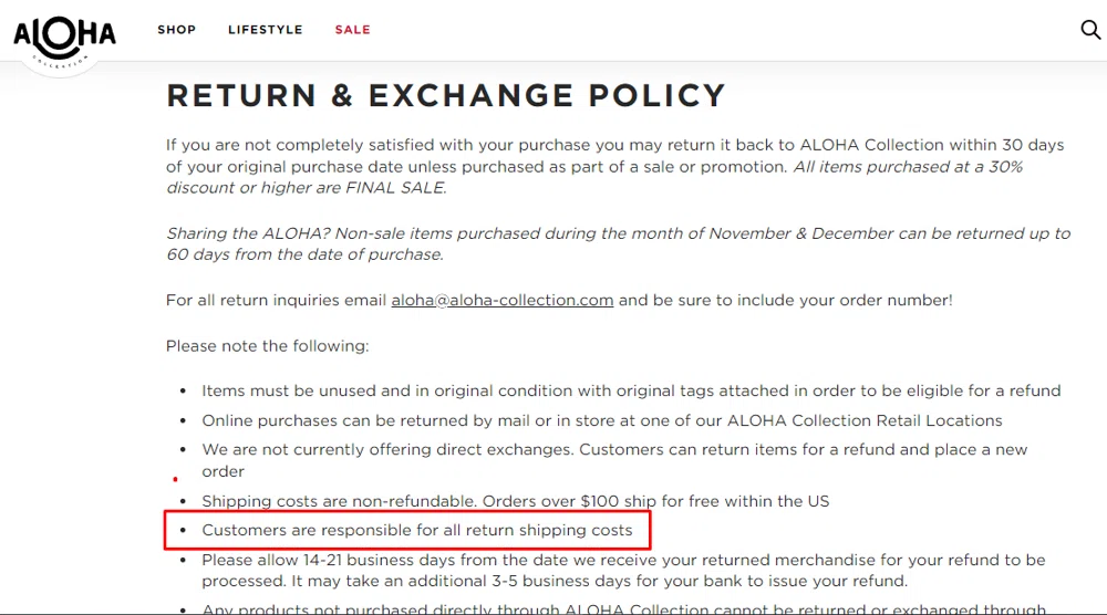 What is ALOHA Collection s returns and exchanges policy Knoji