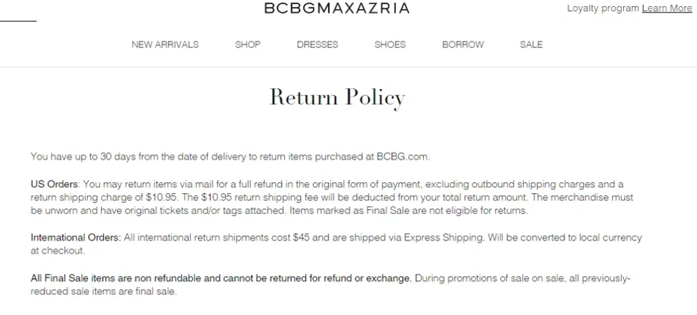 Does BCBGMAXAZRIA offer free returns What s their exchange policy