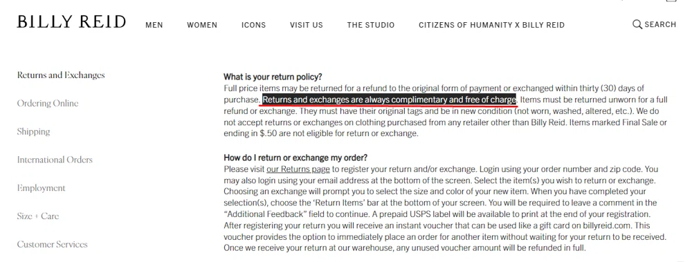 What is Billy Reid s returns and exchanges policy Knoji