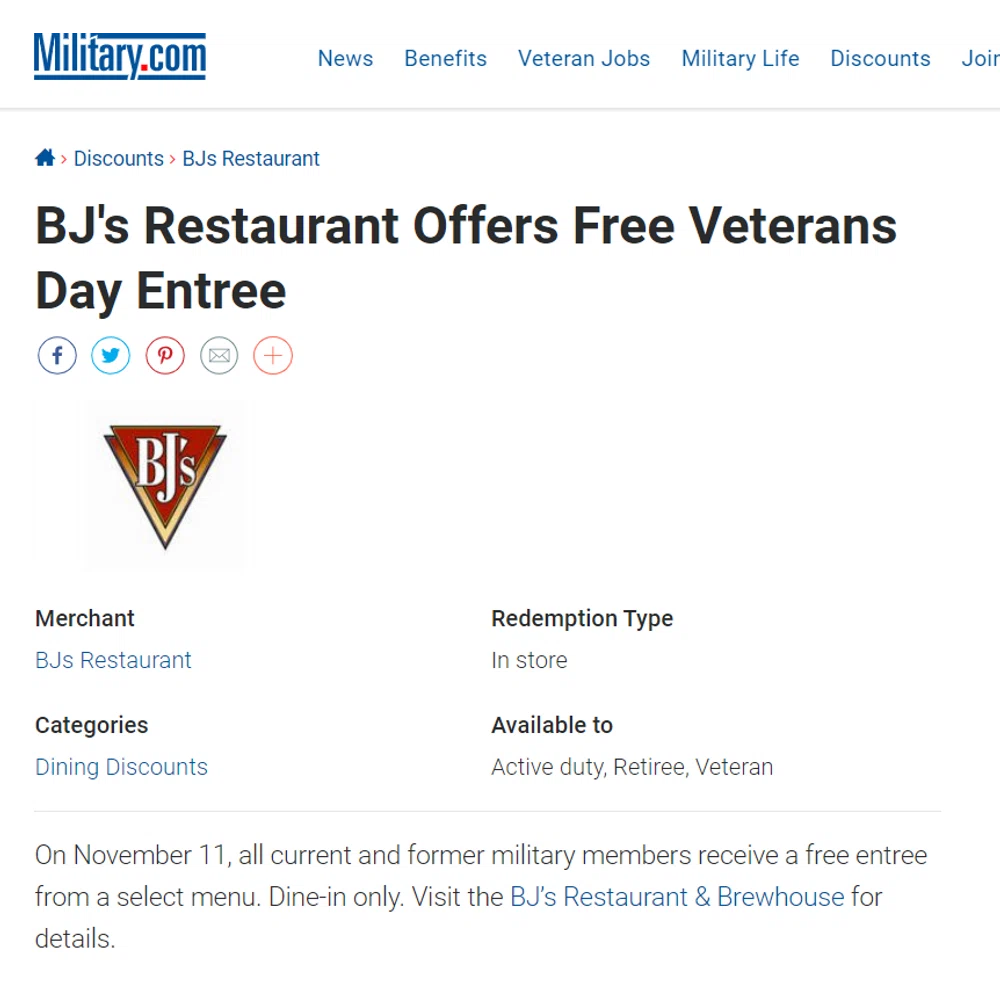 BJ's Restaurant & Brewery military discount? — Knoji