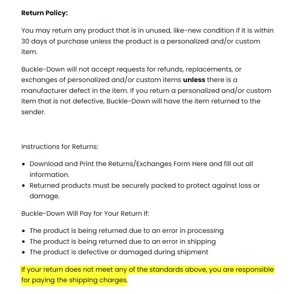 Does BuckleDown offer free returns? What's their exchange policy? — Knoji
