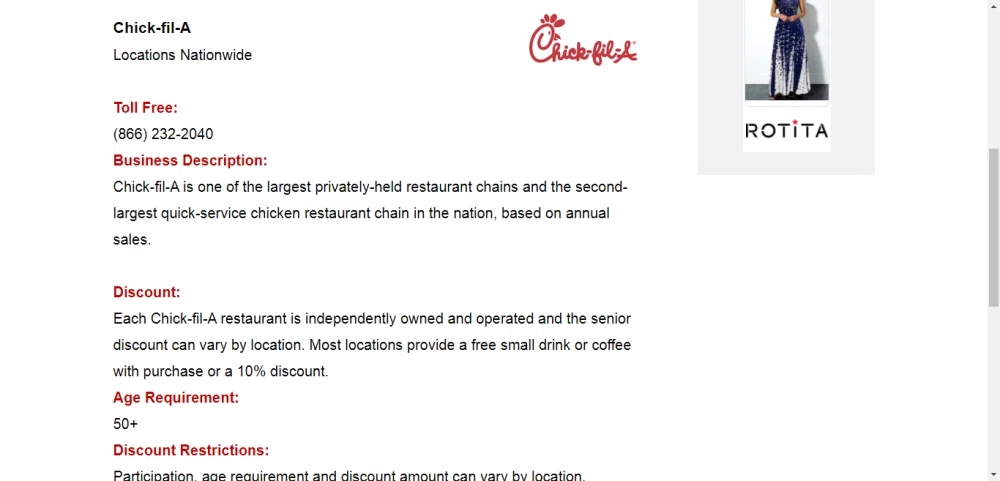 does chick fil a have a senior discount?