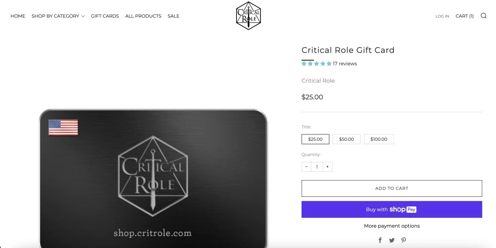 Does Critical Role accept gift cards or egift cards? — Knoji