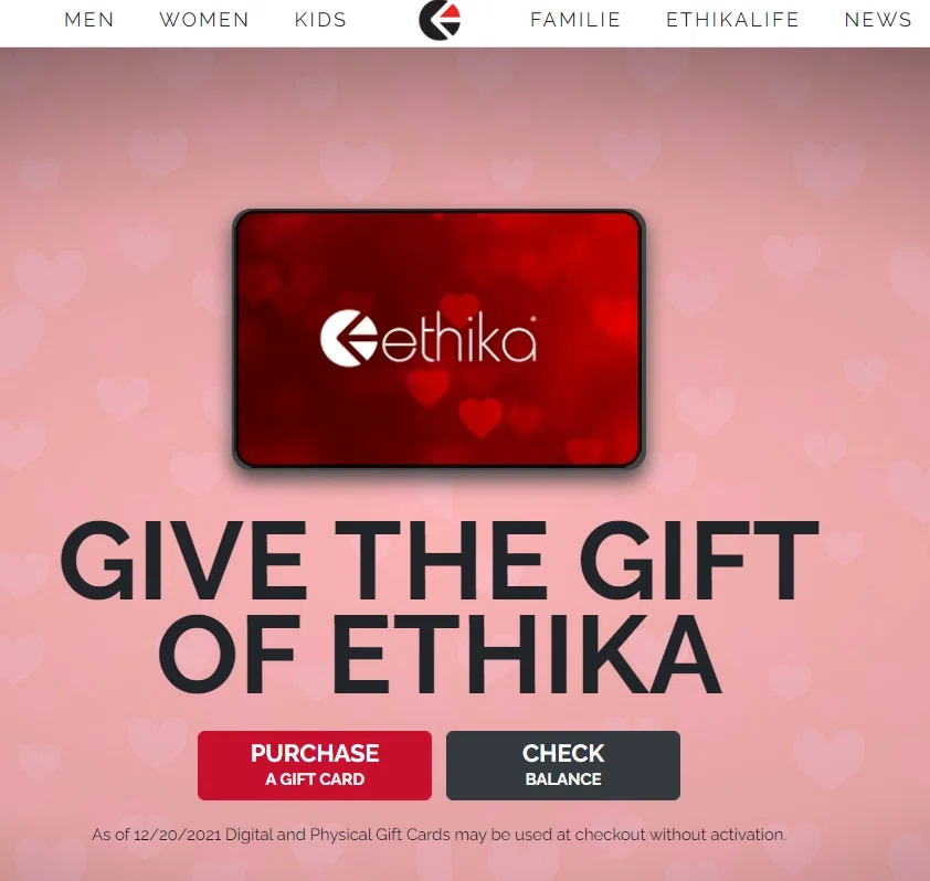 Ethika gift deals card code