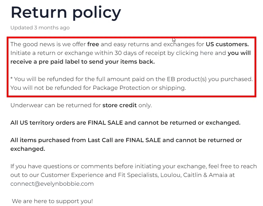 Does PinkBlush offer free returns? What's their exchange policy