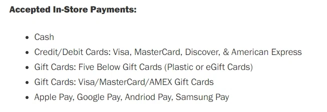 Does Five Below Accept American Express