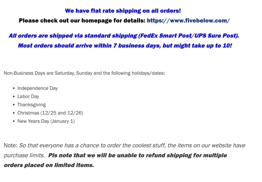 Does Five Below offer free shipping? — Knoji