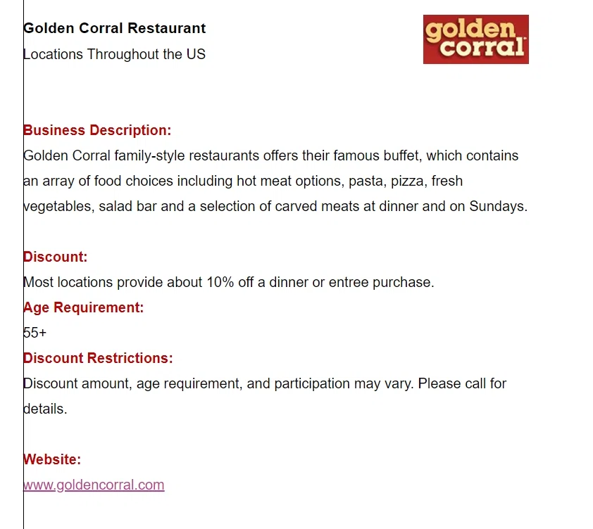 does golden corral have senior discounts? 2