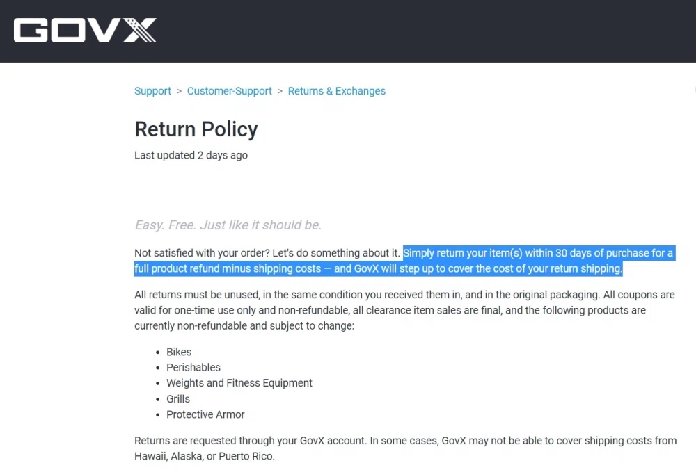 What is GovX's returns and exchanges policy? — Knoji