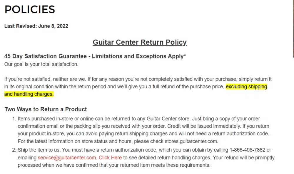 guitar center return policy