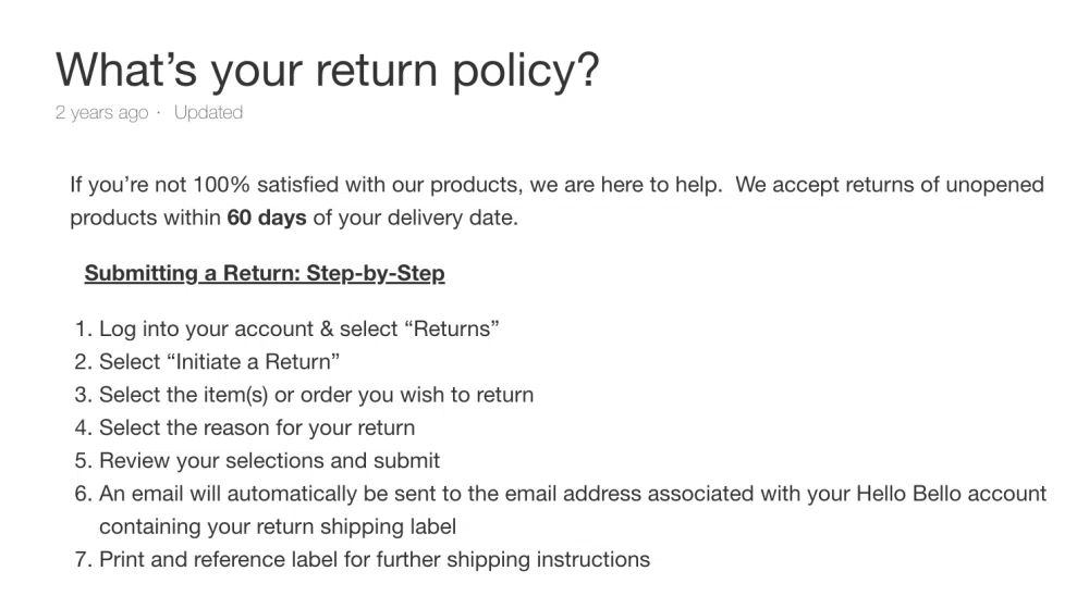 Does Hello Bello offer free returns? What's their exchange policy