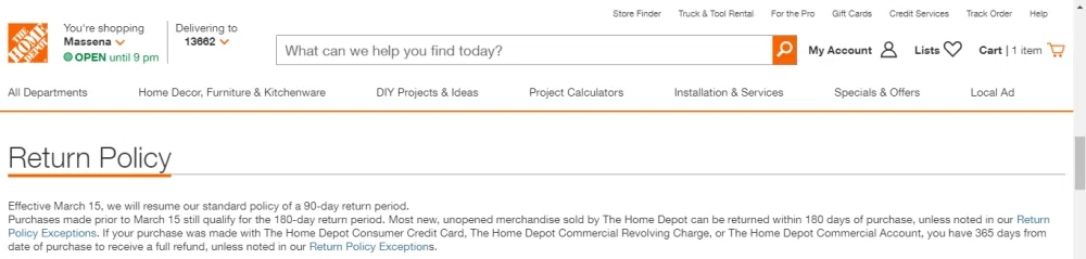 Does Home Depot Usa offer free returns? What's their exchange policy