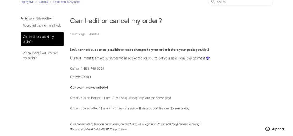 Honeylove order changes? How do I cancel my order after placing it