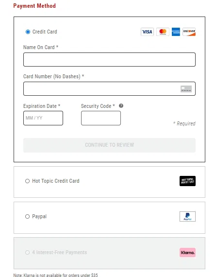 hot topic credit card payment online