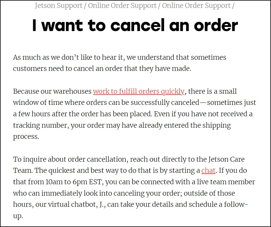 Jetson order changes How do I cancel my order after placing it