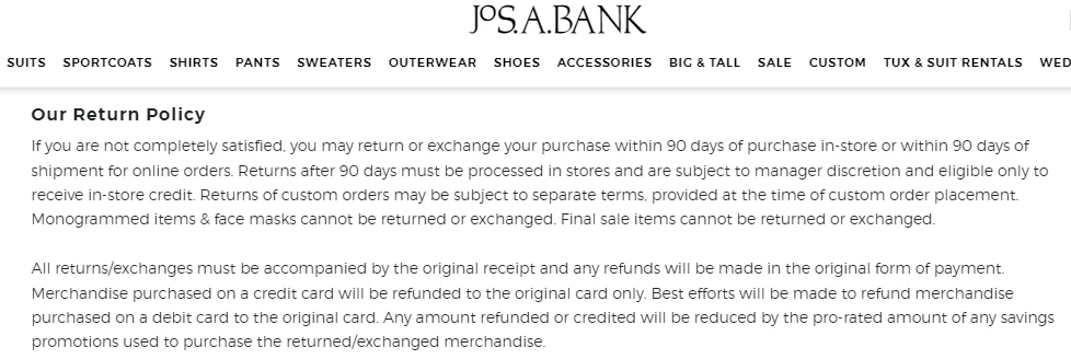 jos a bank suit return policy