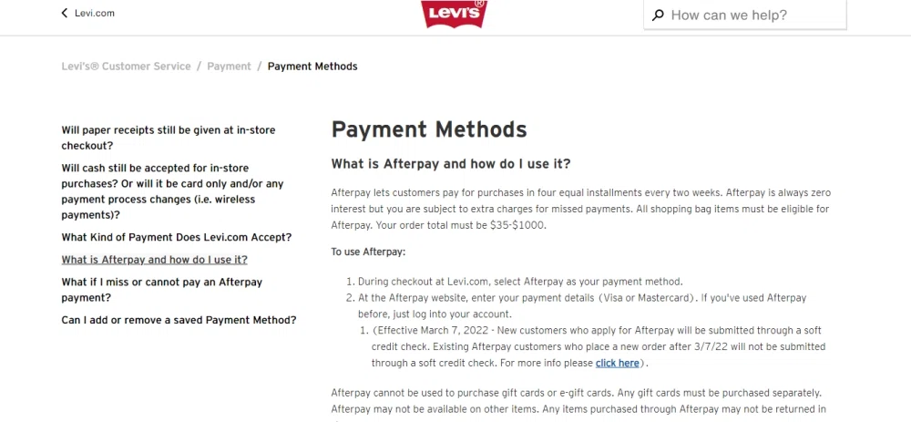 Does Levi's accept Afterpay financing? — Knoji