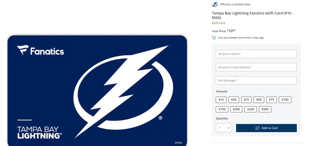 Tampa Bay Lightning NHL Shop eGift Card ($10 - $500)
