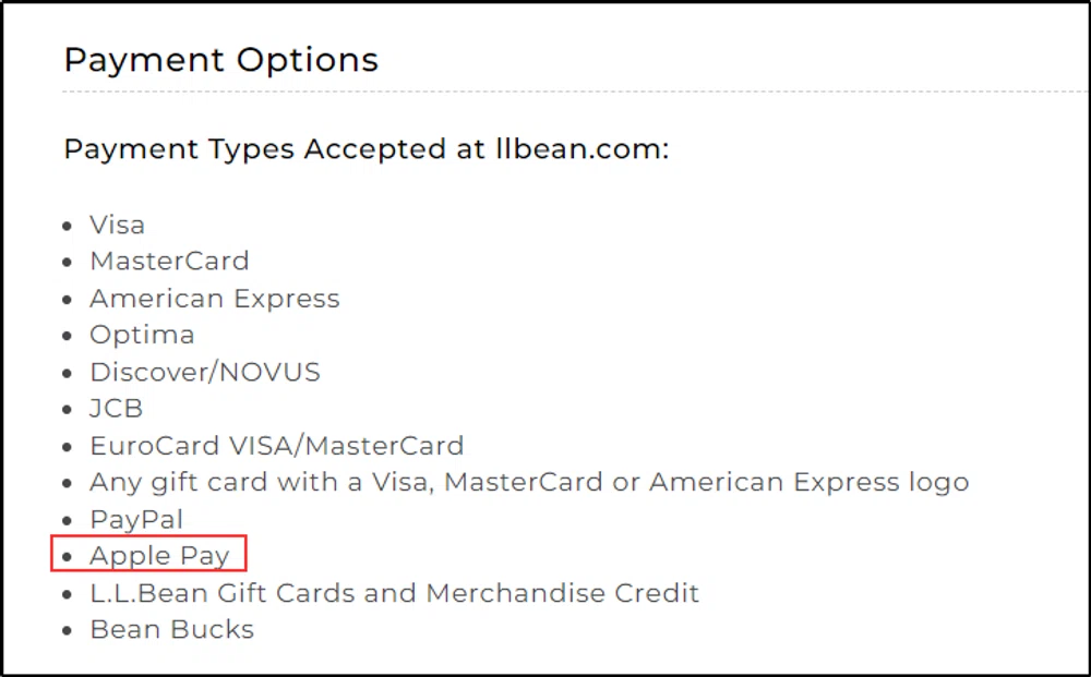 Does L.L.Bean accept Apple Pay? — Knoji