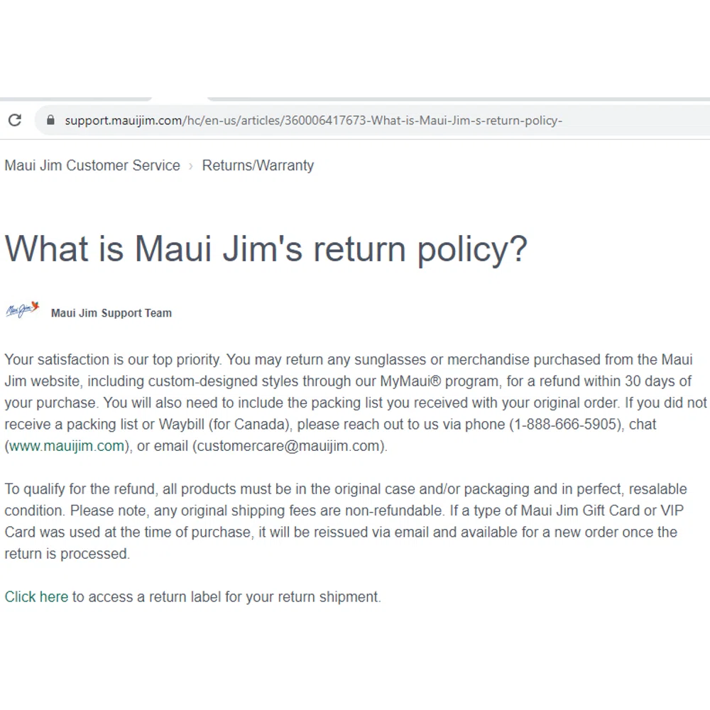 Maui jim cheap warranty policy