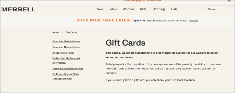 Merrell gift store card