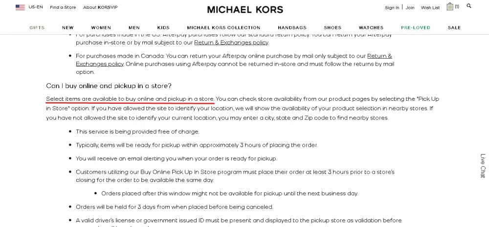 Does Michael Kors have in-store pickup? — Knoji