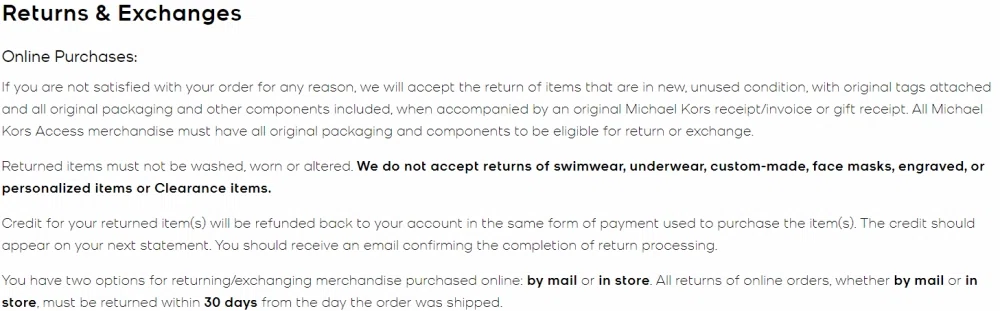 what is michael kors return policy