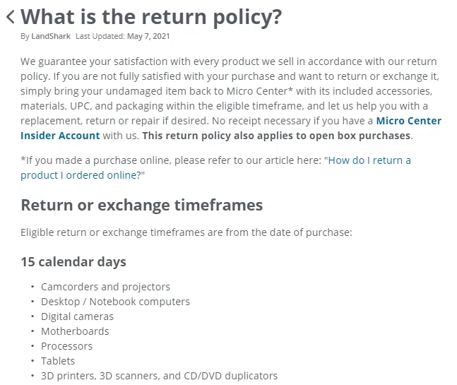 micro center monitor return policy
