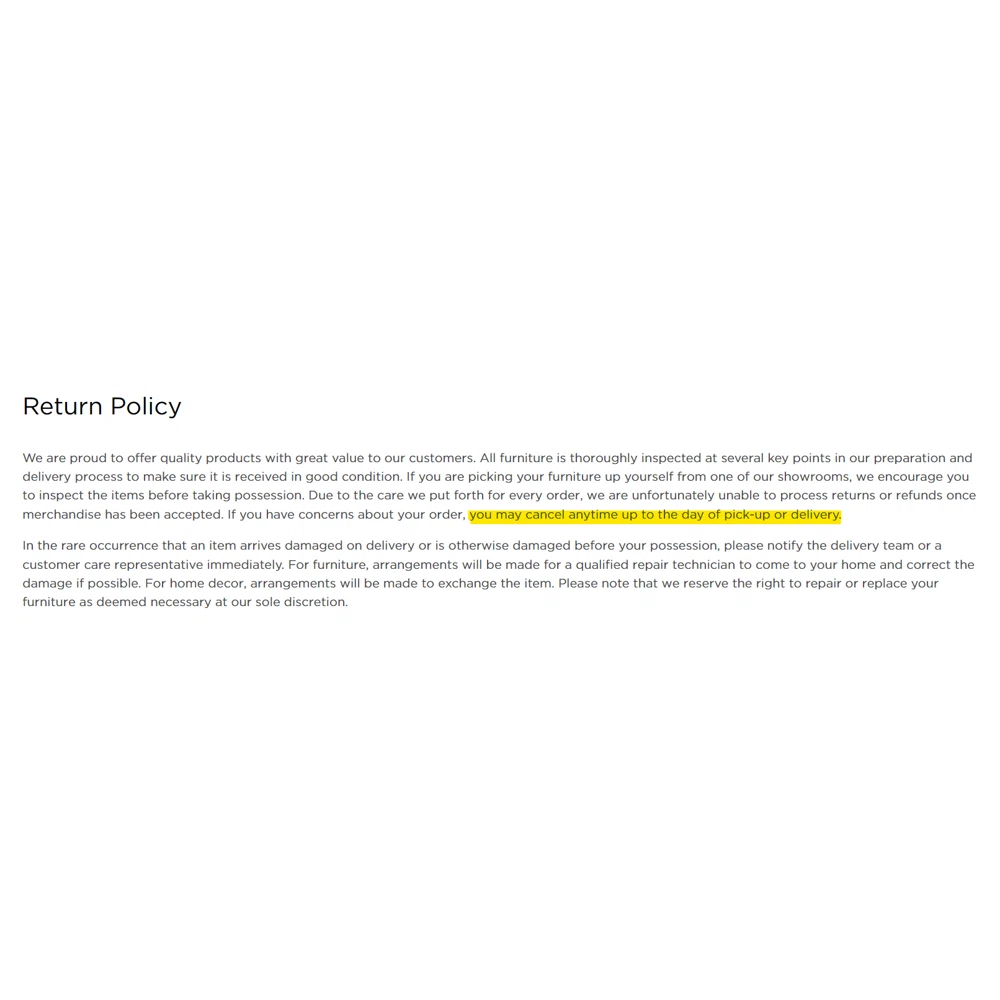 Raymour & Flanigan cancellation policy? Can I change my order? — Knoji