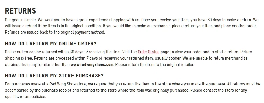 red wing return policy