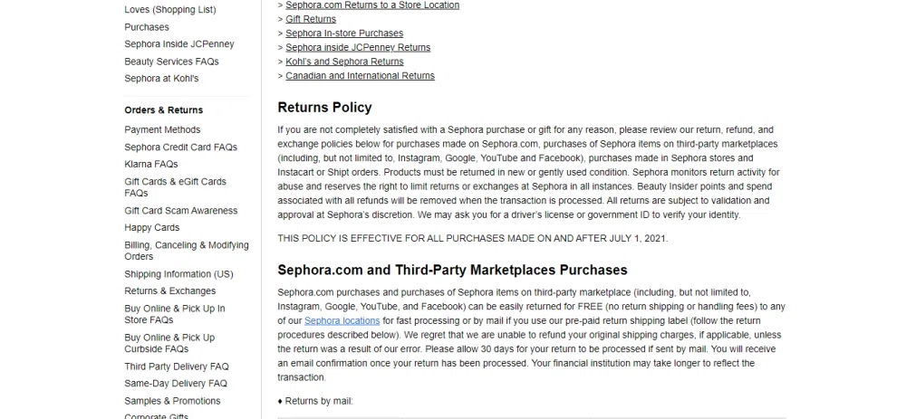 return policy sephora online