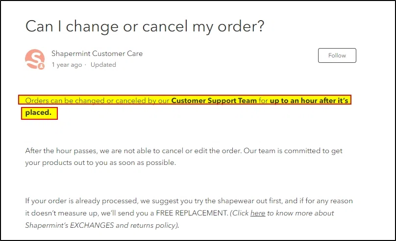 Shapermint cancellation policy? Can I change my order? — Knoji