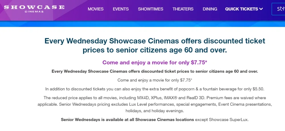Does Showcase Cinemas have a senior discount policy? — Knoji