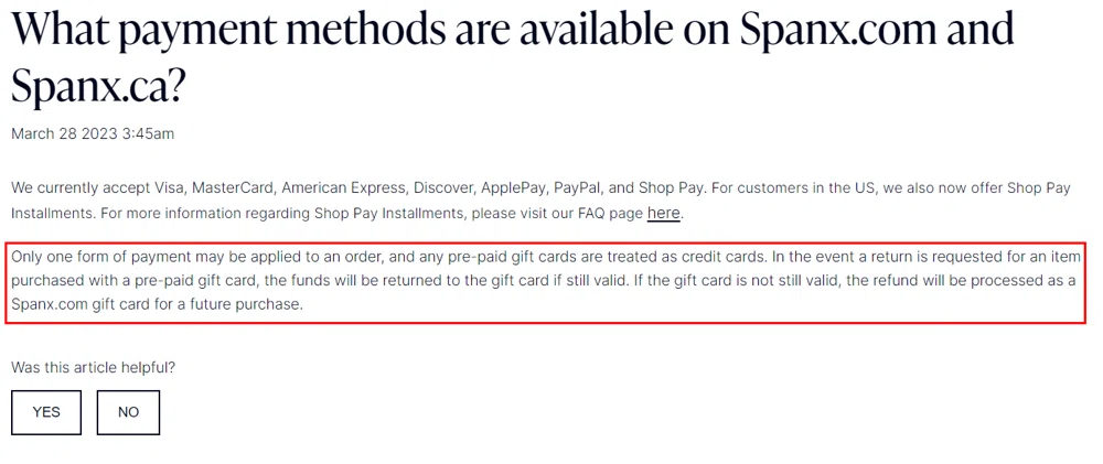 Does Spanx accept gift cards or e-gift cards? — Knoji