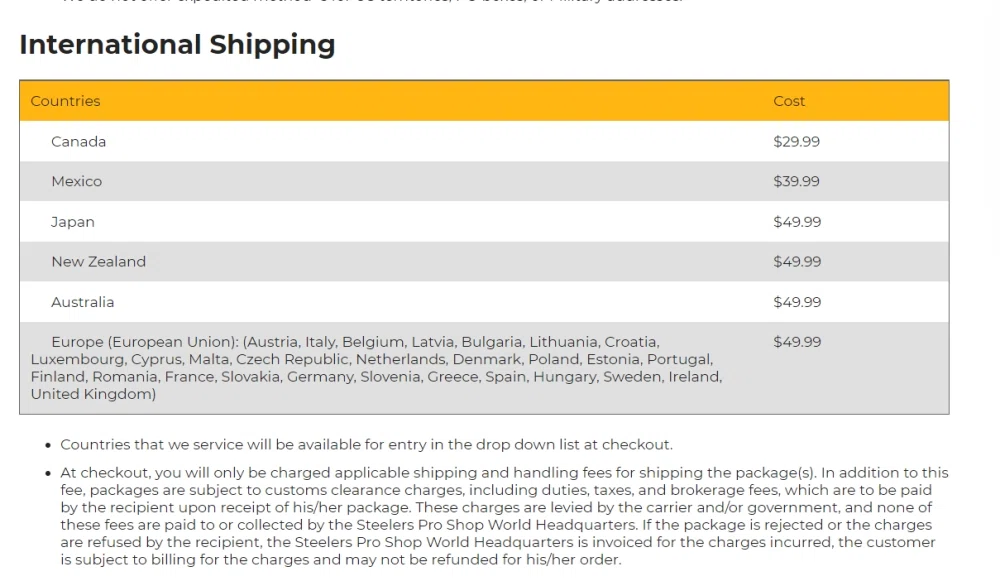 The Steelers Pro Shop international shipping? — Knoji