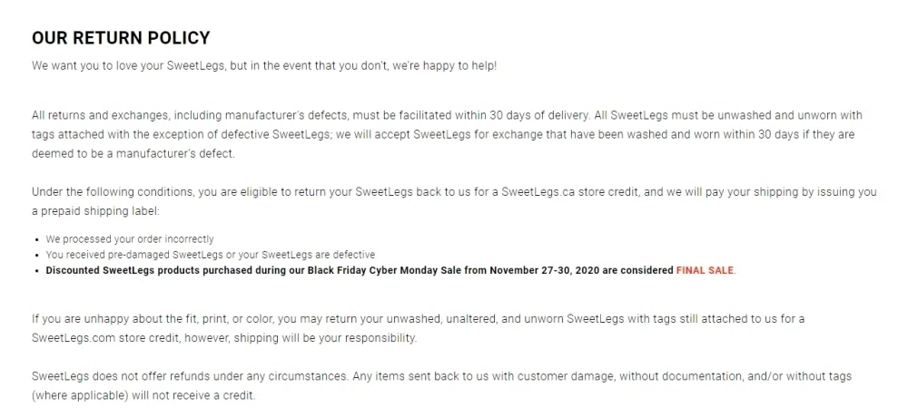SweetLegs' returns and exchanges 