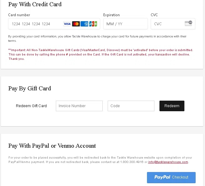 Tackle Warehouse debit card support? — Knoji