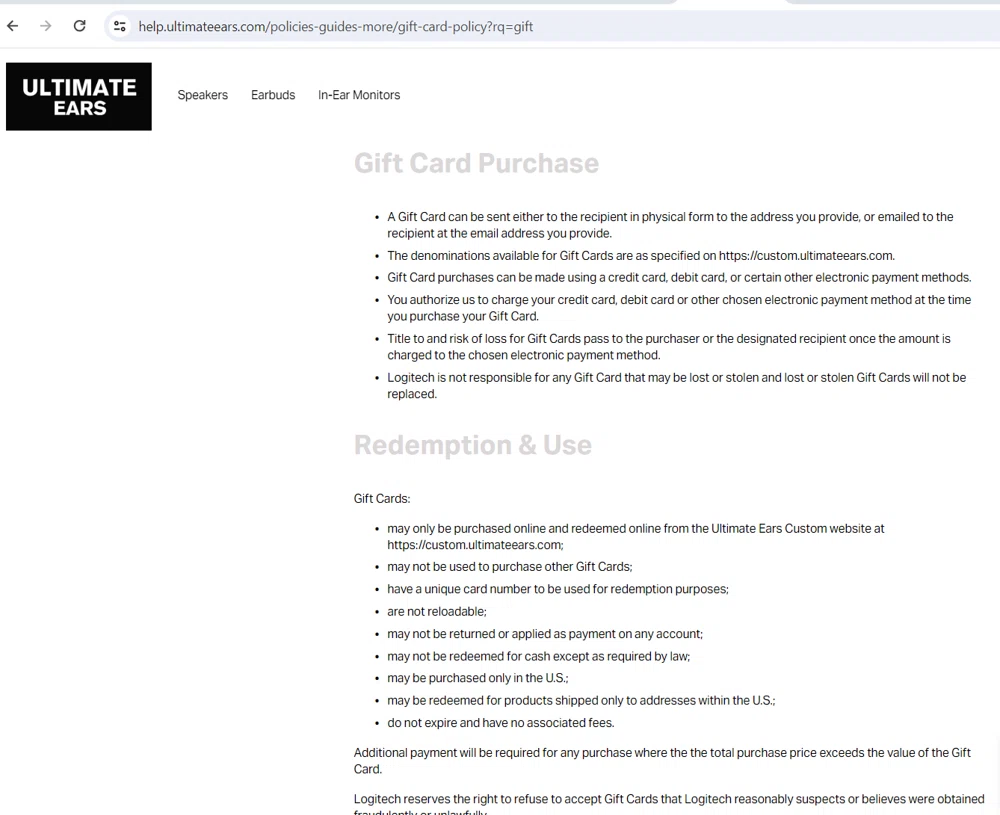 Does Ultimate Ears accept gift cards or egift cards? — Knoji