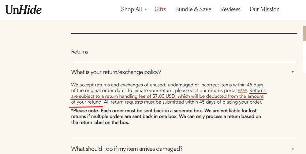 What is UnHide's returns and exchanges policy? — Knoji