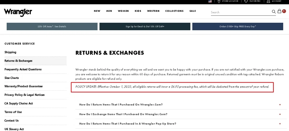 Does Wrangler offer free returns? What's their exchange policy? — Knoji