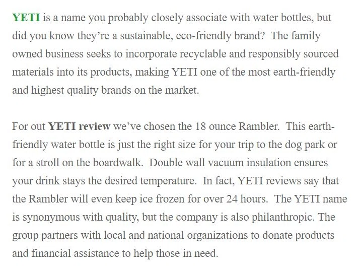Does YETI practice sustainability and a low carbon footprint in its