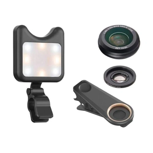 Apexel 2in1 HD Clip-on Phone Lens Kit 0.6X Wide Angle Macro With Selfie Flash Ring Led