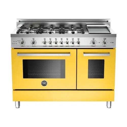 Bertazzoni 48 inch Dual Fuel Range, 6 Brass Burners and Griddle , Electric Self Clean Oven Professional Series