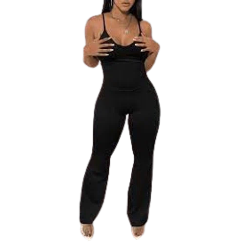 Blush Mark Casual Sporty Street Slim Plain Spaghetti Straps Black Jumpsuits
