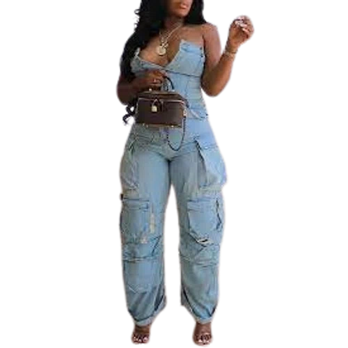Blush Mark Casual Street Denim Print Stacked Pocket Bandeau Neck Wash Jumpsuits