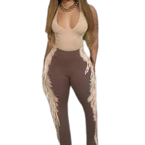 Blush Mark Color Block Tassel Pullover Sleeveless Deep V Neck Pants Sets