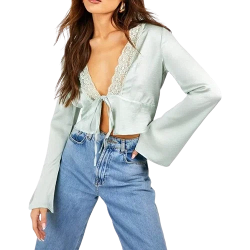 Boohoo Lace Trim Flared Sleeve Tie Detail Blouse