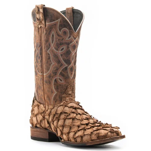 Cavenders Old Gringo Men's Tan Pirarucu with Rust Cowhide Wide Square Toe Exotic Cowboy Boots