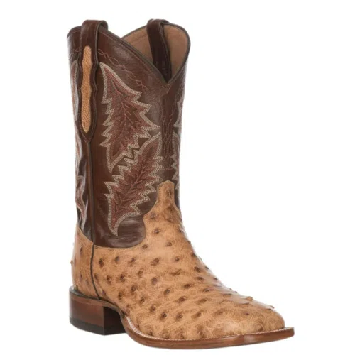 Cavenders Tony Lama Men's Bourbon and Saddle Tan Full Quill Ostrich Wide Square Toe Exotic Cowboy Boot