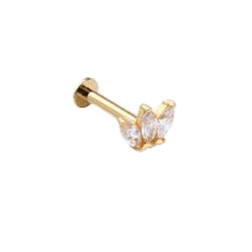 Doviana 14K Solid Gold Trefoil Floral CZ Threadless Labret Flat Back Nap Earring